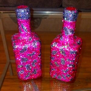 Glittery Fushia PINK and BLACK  Decorative Bottles